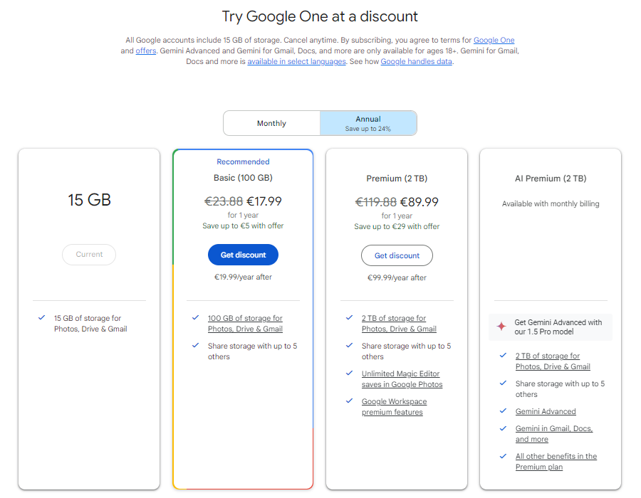 Google One options new account