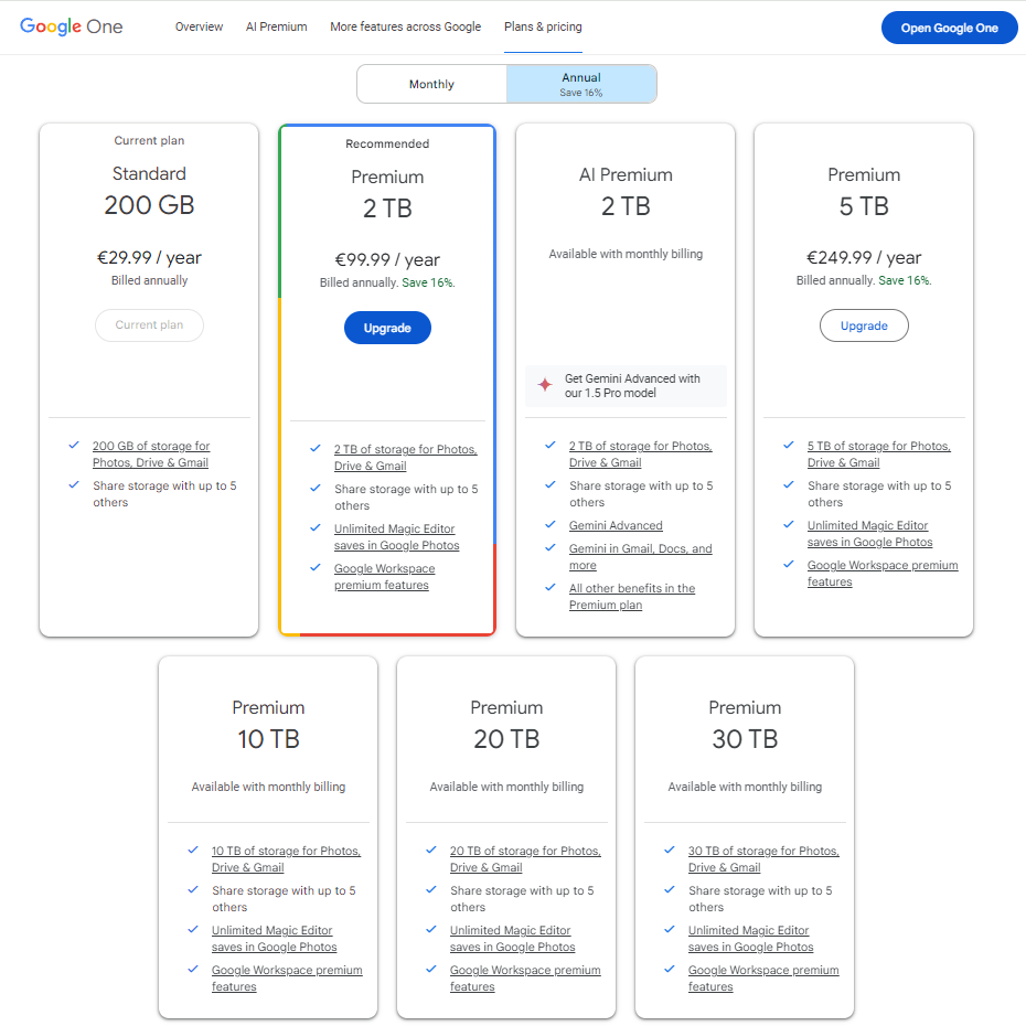 Google One cloud storage options