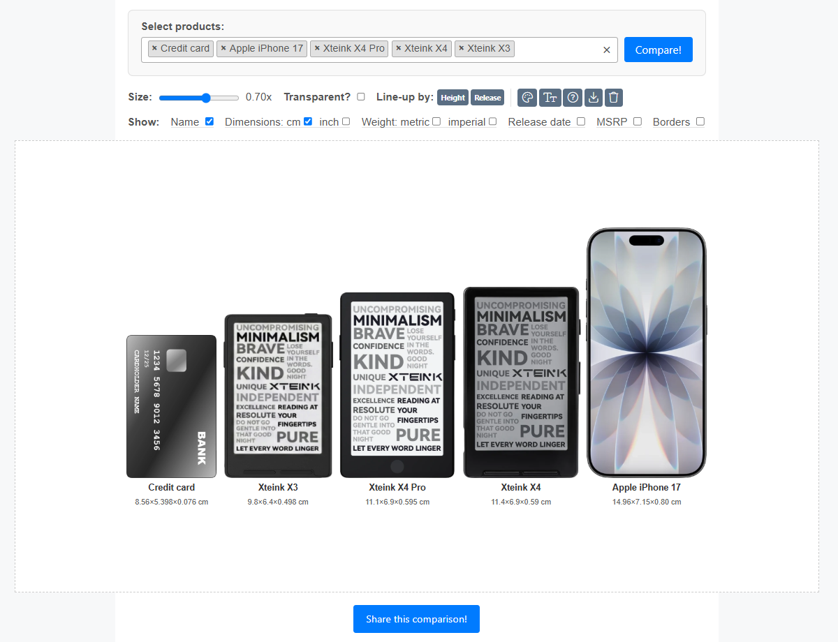 Xteink models size comparison tool